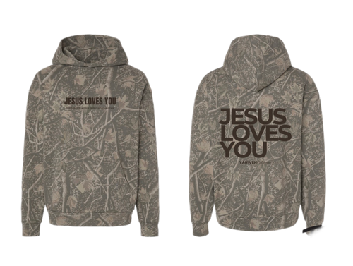 CAMO JESUS LOVES YOU HOODED SWEATSHIRT