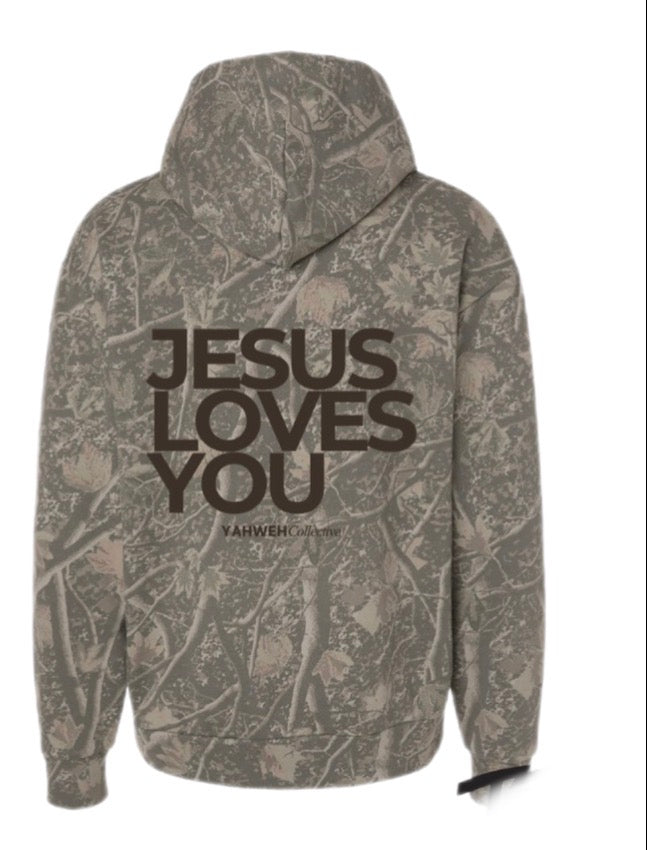 CAMO JESUS LOVES YOU HOODED SWEATSHIRT