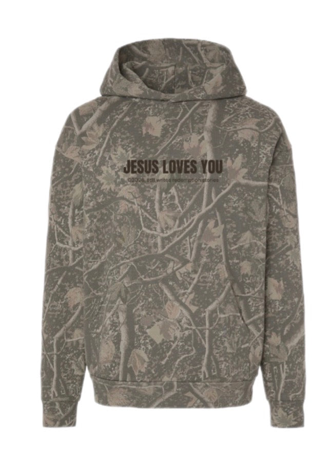 CAMO JESUS LOVES YOU HOODED SWEATSHIRT